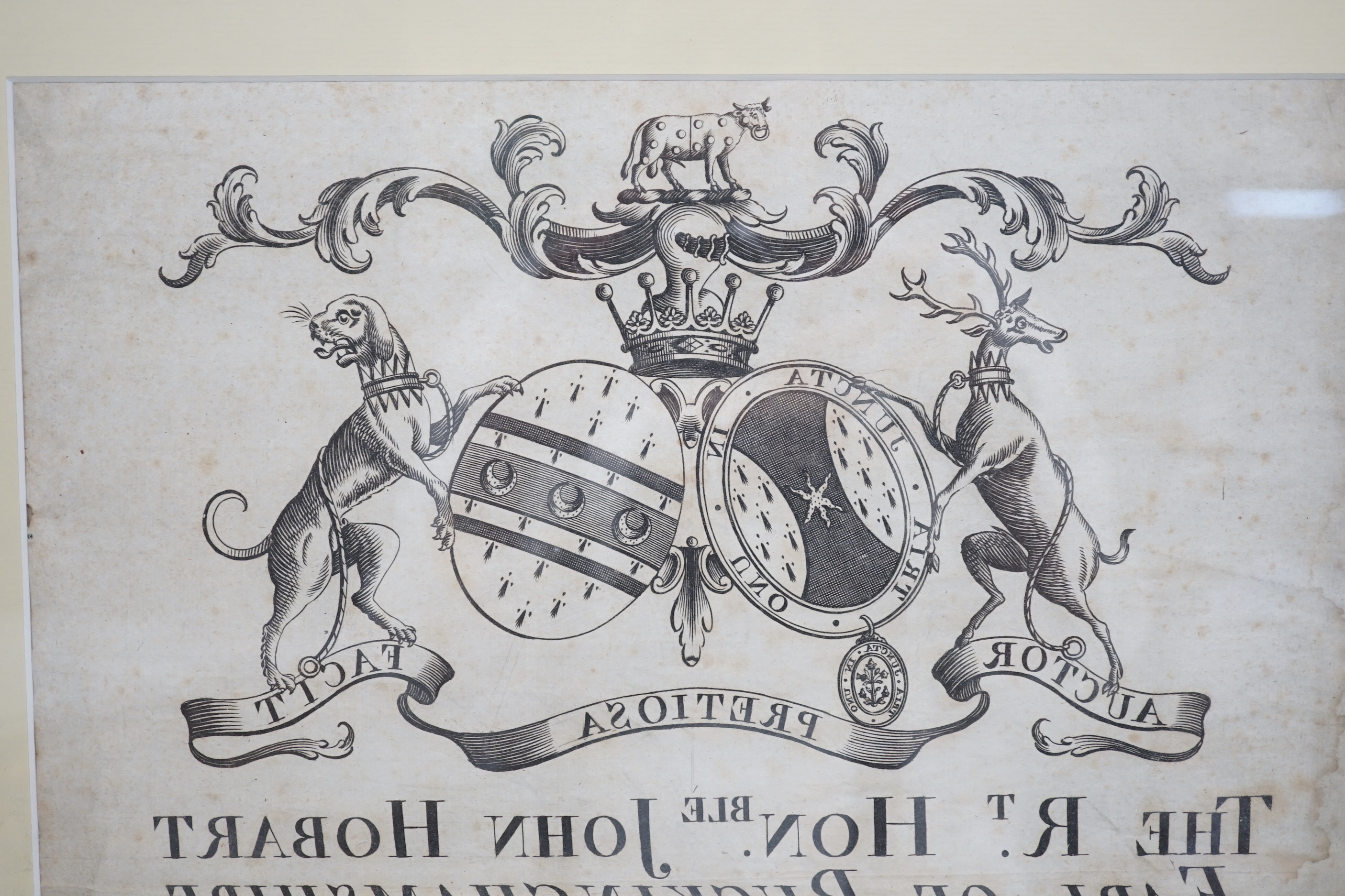 An 18th century reverse printed coats of arms for the art. Honble. John Hobart, Earl of Buckinghamshire, obit. 1756, for viewing through a zograscope